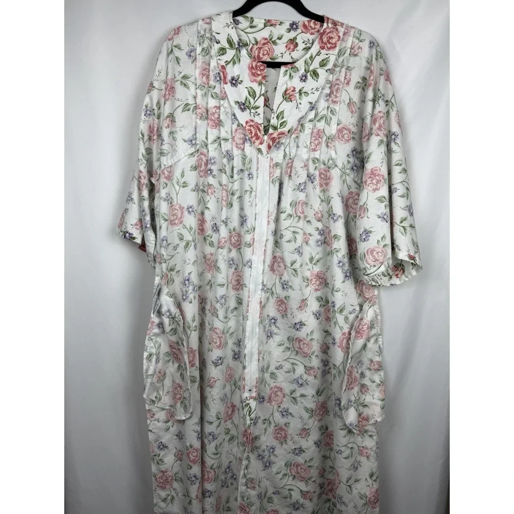 Talbots Intimates Vintage Floral Kaftan Robe 100% Cotton Partial Zip Housecoat L